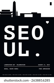 Seoul typography minimalist vector poster for national event, public holiday, independence day, festival layout. Brochure, leaflet, flyer, presentation image template for South Korea city
