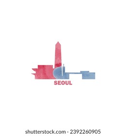 Seoul watercolor cityscape skyline city panorama vector flat modern logo, icon. South Korea capital, megapolis emblem concept with landmarks and building silhouettes. Isolated graphic