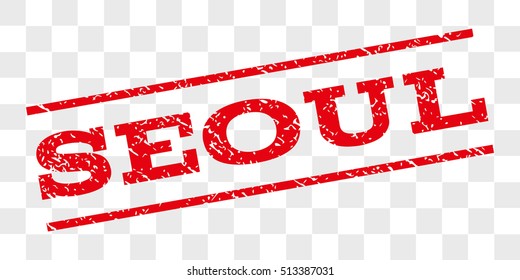 Seoul watermark stamp. Text tag between parallel lines with grunge design style. Rubber seal stamp with unclean texture. Vector red color ink imprint on a chess transparent background.