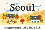 Seoul (written in Korean character) poster vector illustration. Autumn landscape with Korea attractions. postcard design