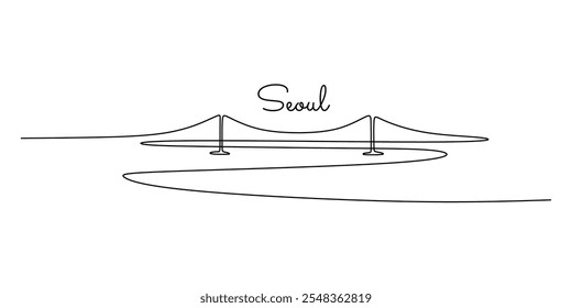 Seoul's famous landmarks in a continuous one line drawing. A clean, minimalist vector design capturing the essence of the city.