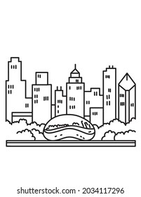Sep. 1, 2021- AUCKLAND, New Zealand: Mono Line Poster Illustration Of Chicago Downtown Skyline With The Bean Landmark Or Cloud Gate Sculpture On Top Of Park Grill On Lake Michigan In Illinois, USA.