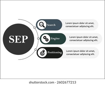 SEP - Search Engine Positioning acronym. Infographic template with icons and description placeholder