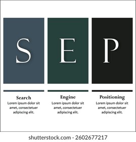 SEP - Search Engine Positioning acronym. Infographic template with icons and description placeholder