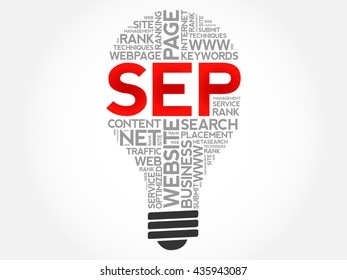 SEP (search engine positioning) bulb word cloud, business concept