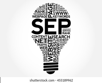 SEP (search engine positioning) bulb word cloud collage, business concept background