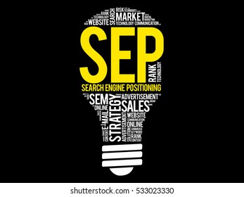 SEP (search engine positioning) bulb word cloud collage, business concept background