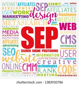SEP Search Engine Positioning - method of optimizing specific pages of your website with the objective of achieving higher search engine results, word cloud concept background