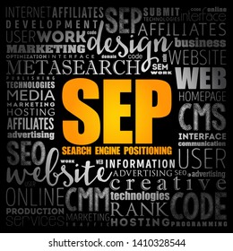 SEP Search Engine Positioning - method of optimizing specific pages of your website with the objective of achieving higher search engine results, word cloud concept background