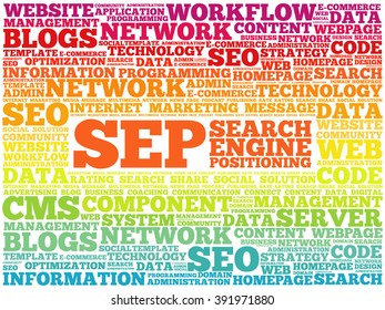 SEP Search Engine Positioning - method of optimizing specific pages of your website with the objective of achieving higher search engine results, word cloud concept background