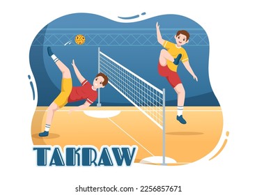 Ilustración de Sepak Takraw con atleta jugando a la pelota de patas en la corte en competencia de juegos planos Dibujo a mano para plantilla de página de aterrizaje