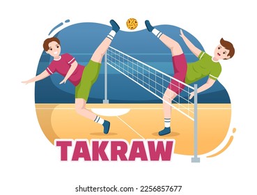 Ilustración de Sepak Takraw con atleta jugando a la pelota de patas en la corte en competencia de juegos planos Dibujo a mano para plantilla de página de aterrizaje