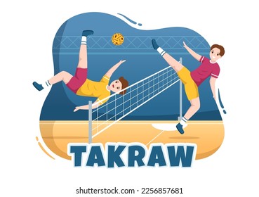 Ilustración de Sepak Takraw con atleta jugando a la pelota de patas en la corte en competencia de juegos planos Dibujo a mano para plantilla de página de aterrizaje