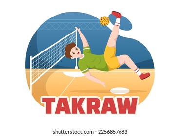 Sepak Takraw Illustration with Athlete Playing Kick Ball on Court in Flat Sports Game Competition Cartoon Hand Drawn for Landing Page Template