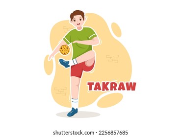 Ilustración de Sepak Takraw con atleta jugando a la pelota de patas en la corte en competencia de juegos planos Dibujo a mano para plantilla de página de aterrizaje