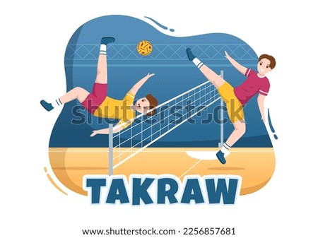 Sepak Takraw Illustration with Athlete Playing Kick Ball on Court in Flat Sports Game Competition Cartoon Hand Drawn for Landing Page Template