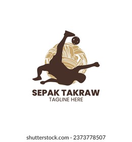 Sepak Takraw Tournament Logo concept, with dark brown bicycle kick silhouette and light brown ball texture on background, in trendy style vector illustration. Editablle graphic resources.