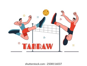 Ilustración vectorial de Sepak Takraw con el atleta pateando la pelota en una cancha durante una competencia deportiva en un fondo de dibujos animados de estilo plano