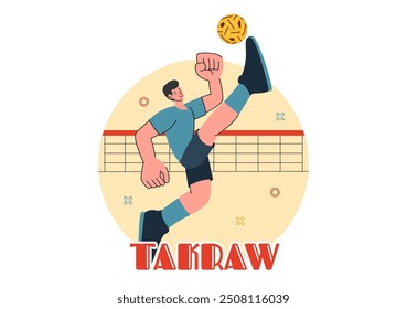 Ilustración vectorial de Sepak Takraw con el atleta pateando la pelota en una cancha durante una competencia deportiva en un fondo de dibujos animados de estilo plano