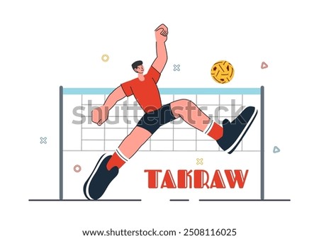 Sepak Takraw Vector Illustration with Athlete Kicking the Ball on a Court During a Sports Competition in Flat Style Cartoon Background