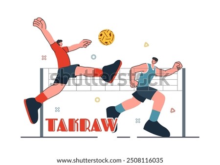 Sepak Takraw Vector Illustration with Athlete Kicking the Ball on a Court During a Sports Competition in Flat Style Cartoon Background