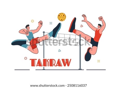 Sepak Takraw Vector Illustration with Athlete Kicking the Ball on a Court During a Sports Competition in Flat Style Cartoon Background