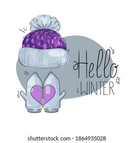 Separate bright cartoon warm hat with mittens. Winter headwear, beanie accessory. Childrens vector illustration in cute flat style with outline for print and digital use.