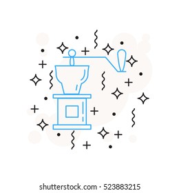 Separate coffee icon is drawn in a linear style isolated on white background with stars, lines, circles