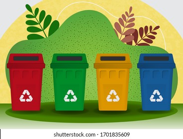 Separate collection of garbage, bright colored garbage containers for waste, plants. The concept of environment, ecology. Design for banner, cover, website page. Vector illustration