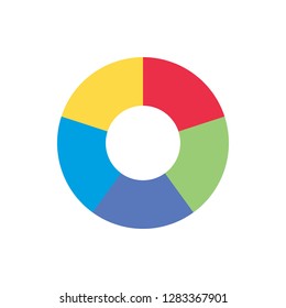 Separate doughnut graph pie charts icon with 5 colorful parts. Morden flat design vector circular diagram or infographic illustration for logo button banner app ui ux web isolated on white background