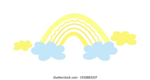 Separate element yellow boho rainbow with cute blue and yellow clouds, for children's cards, posters in the nursery, for children's fabric. Hand drawn colored baby rainbow in a minimalistic style.