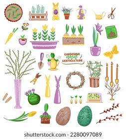 Separate elements of farming and horticulture.Gardener items and tools.Gardening.Easter clipart