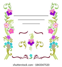 Separate elements for printing business cards, invitations, postcards, hand drawn  purple and pink pansy, azure and blue wildflowers in basket, green pea on a white background