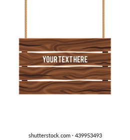 Separate empty wood composite signboard hanging on ropes of brown color on white background vector illustration