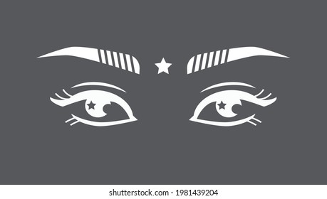 separate eyes and white eyebrows on a dark gray background with a star. Vector image, logo