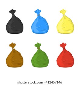 Separate garbage bags for waste disposal.
Vector illustration of plastic garbage sacks.
Trash bags for garbage separation.