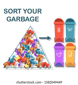 Separate garbage collection concept bright vector illustration. Waste and containers in flat style. Sort and recycle. Copy space for text. Organic, paper, battery, plastic sections. Trash heap