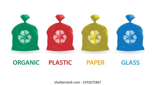 Sacos de plástico de basura separados. Bolsas de basura realistas para diferentes tipos de basura. Ordenación de desechos y mejora del medio ambiente