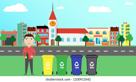 separate garbage waste. concept of processing waste and garbage. man stands near garbage containers with waste for glass, plastic, paper, household waste with bottle  against backdrop of modern city.