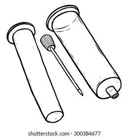 separate of glass syringe / cartoon vector and illustration, black and white, hand drawn, sketch style, isolated on white background.