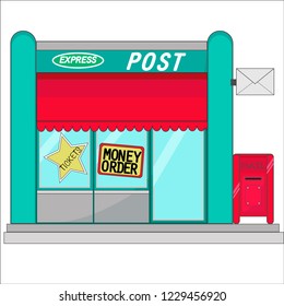 separate green post office building with a red canopy