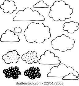 Doodles separados dibujados a mano en blanco y negro. Colección de garabatos creativos de nubes estilo caricatura.
