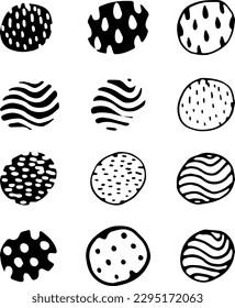 Separate handgezeichnete Doodles schwarz-weiß. Kollektion von Kreisen mit isolierten lustigen Designs für kreative Muster oder Elemente.