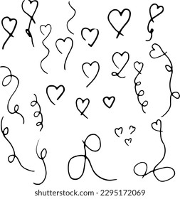 Separate hand drawn doodles black and white. Hearts on strings and scribble style hearts. Fun creative collection of icons.