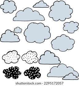 Separate hand drawn doodles with light blue color. Creative scribble collection of cartoon style clouds.