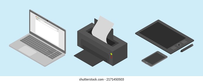 Separate images of a laptop, printer, phone, and graphics tablet in isometrics 