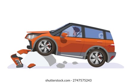 Separate layer of damage luxury cross over hatchback car orange color. Car front bumper was damaged. Airbag deployed trapping the driver inside car. Car went airborne and crashed into a rock.