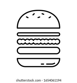 Hamburguesa con capas separadas. Logo lineal de sándwich con capas de pan y relleno. Imagen en blanco negro de carne o comida rápida vegana. Vector aislado de contorno. Icono para hacer su propia hamburguesa en el café