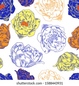 Separate multi-colored flower buds of peonies. Blue white, orange and yellow flowers on a white background. Seamless pattern for fabric, paper, wallpaper.