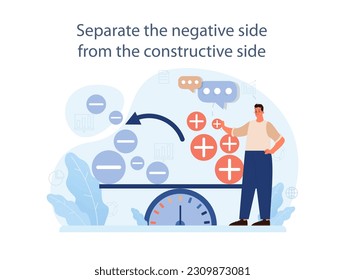 Separate negative aspects from positive part to deal with judgement at work. Employee dealing with pressure from manager, learning how to take constructive criticism. Flat vector illustration